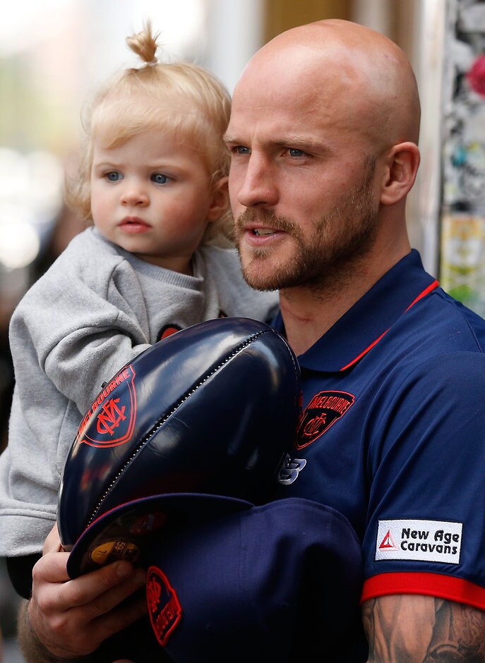 AFL 2015 Media - Melbourne Brand Launch Melbourne skipper Nathan Jones and his daughter Bobbi at the club's re-branding launch - ${keywords}